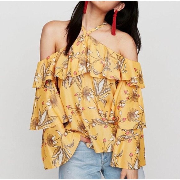 Express Tops - Express Yellow Floral Ruffle Cold Shoulder Top XS